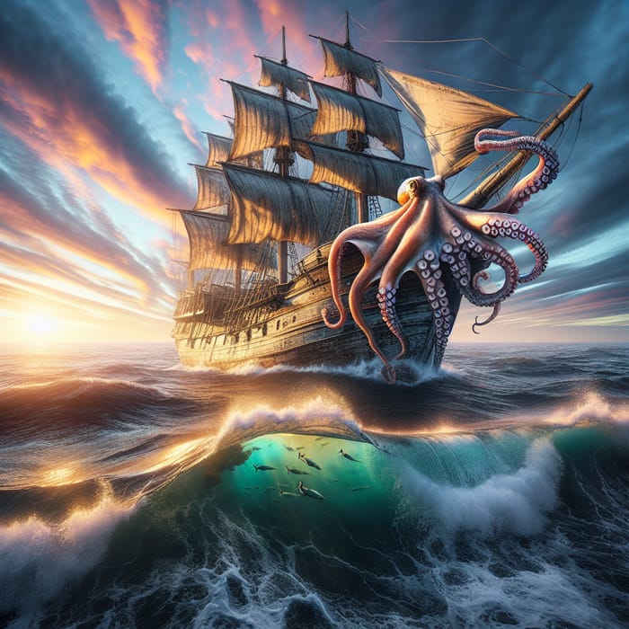 Realistic Octopus Ship Scene