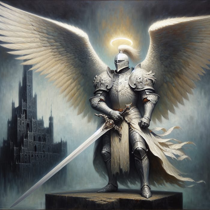 Expressive Knight in White Armor Oil Painting with Eagle Helmet