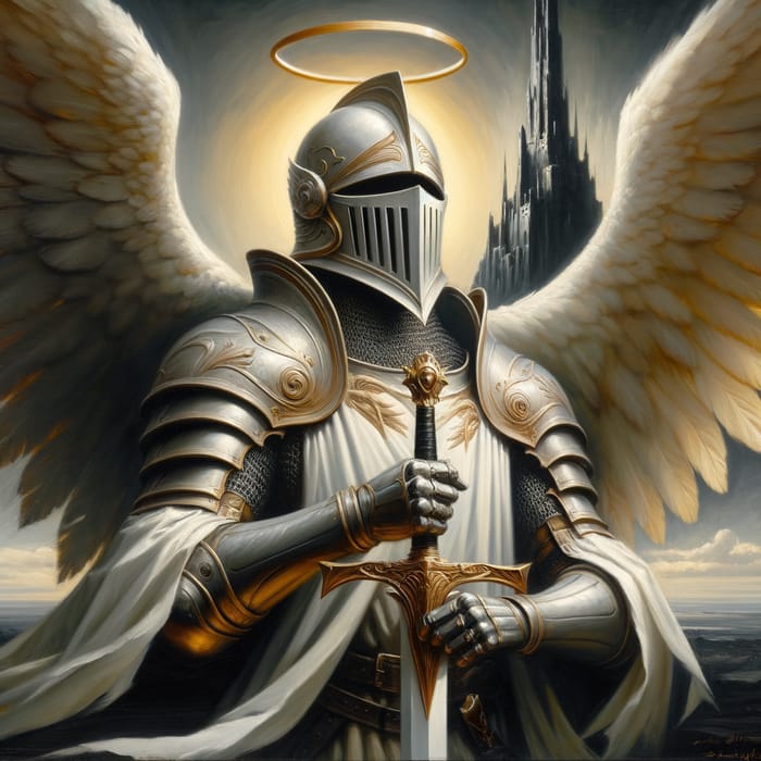 Expressive Oil Painting of Knight with Eagle Helmet and Sword | Dark Castle Backdrop