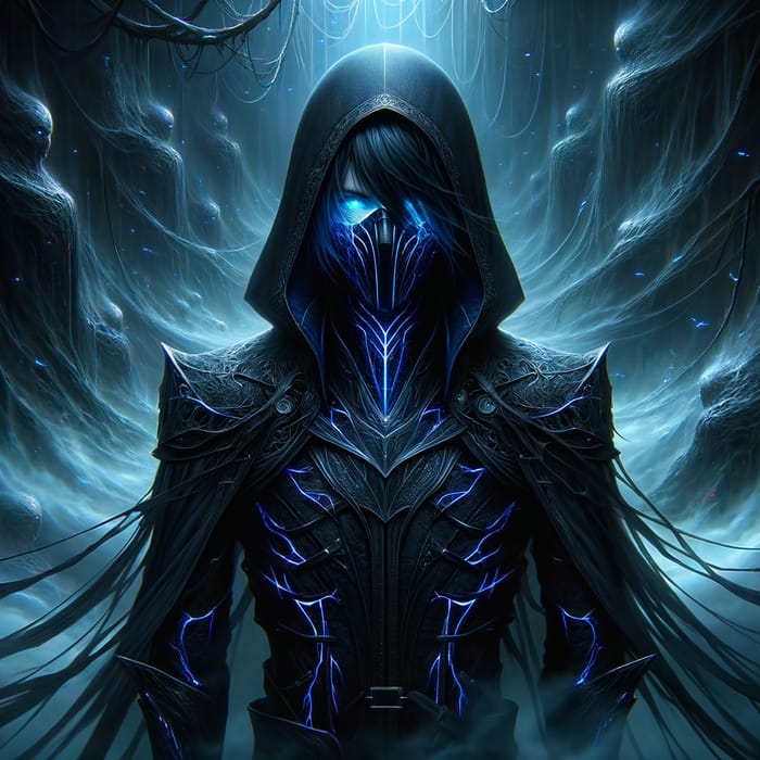 Mysterious Figure in Black Armor and Veil of Darkness
