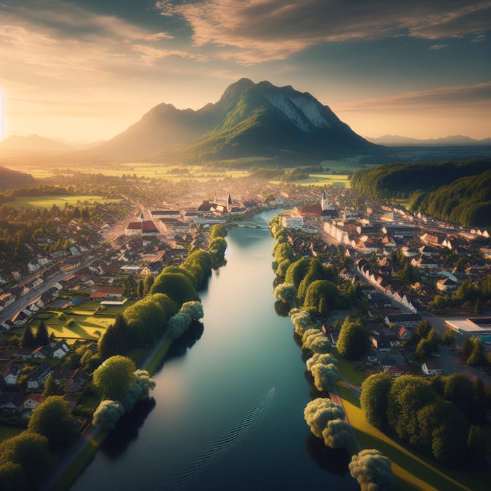 Scenic Town with Greenery, Water, and Mountain Views