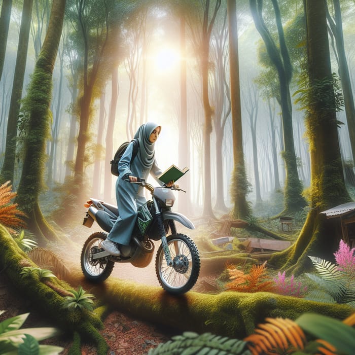Middle-Eastern Girl on Motorcycle in Enchanted Forest | Artwork