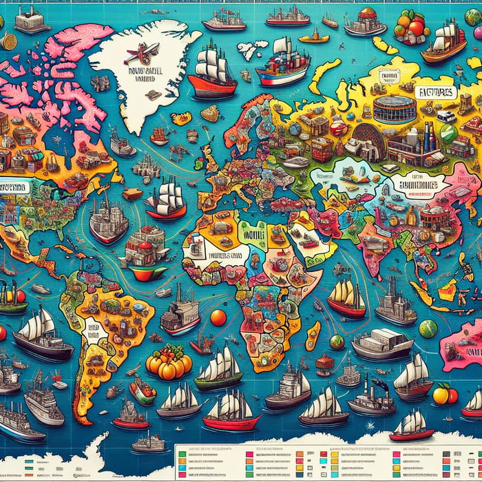 Global Commerce Map and Trade Symbols: Navigation Illustration