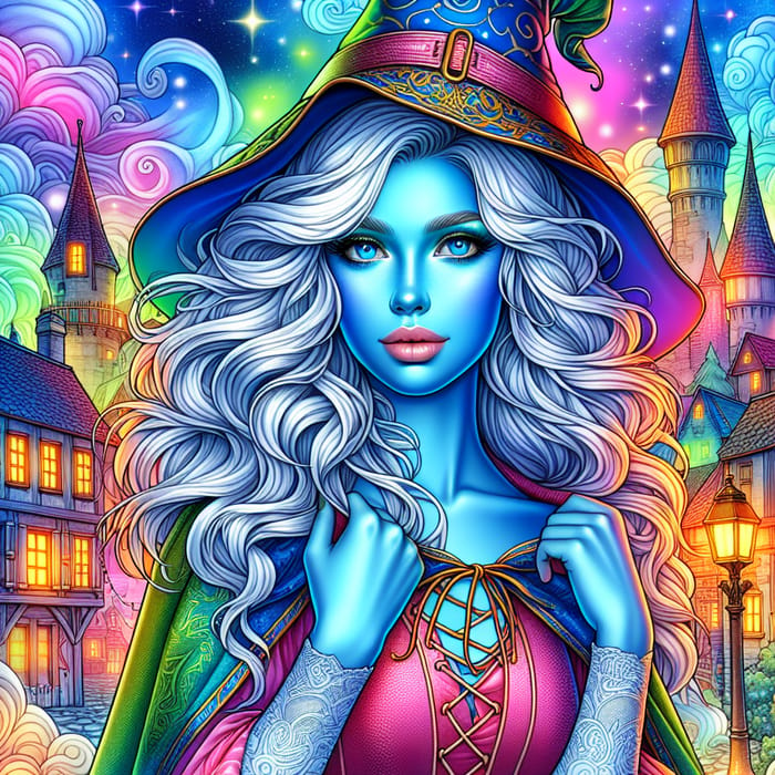 Fantasy Blue-Skinned Woman: Whimsical Town in Vibrant Colors