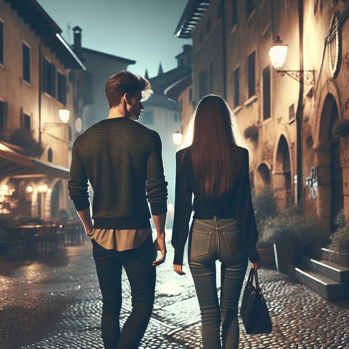 Enchanting Night Stroll: Modern Couple in Historic City