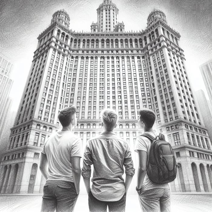 Majestic Architectural Masterpiece: Friends Admiring Beauty in Pencil Sketch