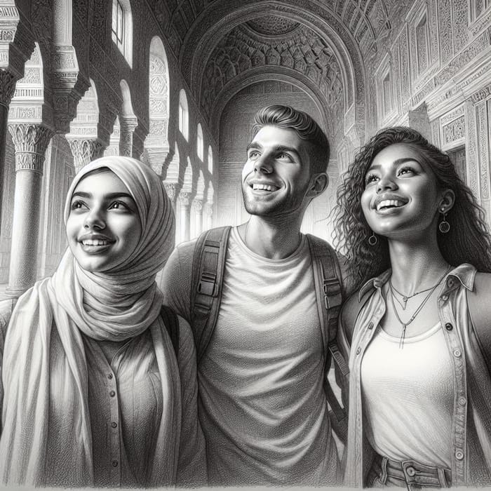 Heartwarming Sketch of Three Friends Appreciating Architectural Beauty