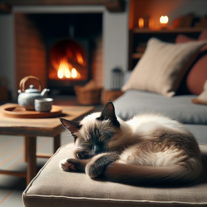 Cozy Siamese Cat Napping By Fireplace - Tranquil Home Scene