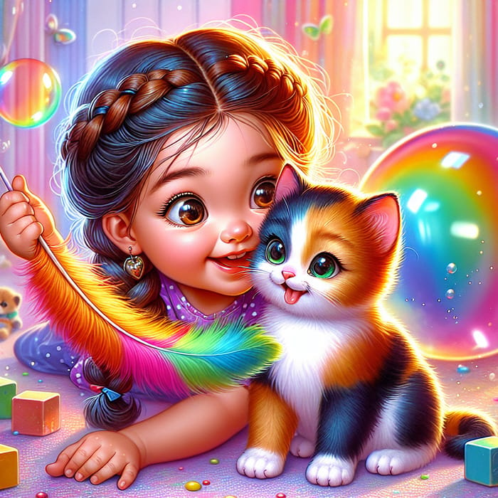 Colorful and Whimsical Connection: Kitten and Child