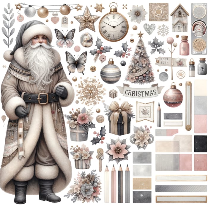 Christmas High Details Vector Set - Santa Claus, Pastel Colors, Gold, Warm