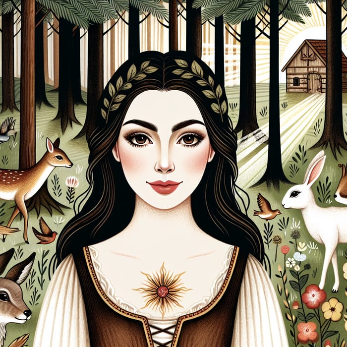 Blanche Neige Medieval Illustration with Forest Creatures