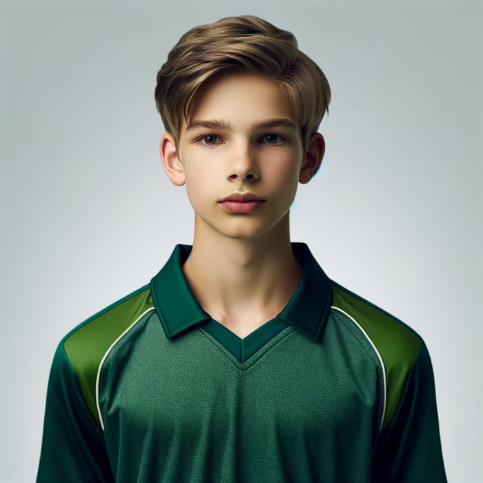 Young Fair-Skinned Boy in Green Cricket Uniform