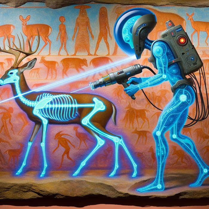 Futuristic Rock Art: Blue Alien Laser-Cuts Deer - Intriguing Scene