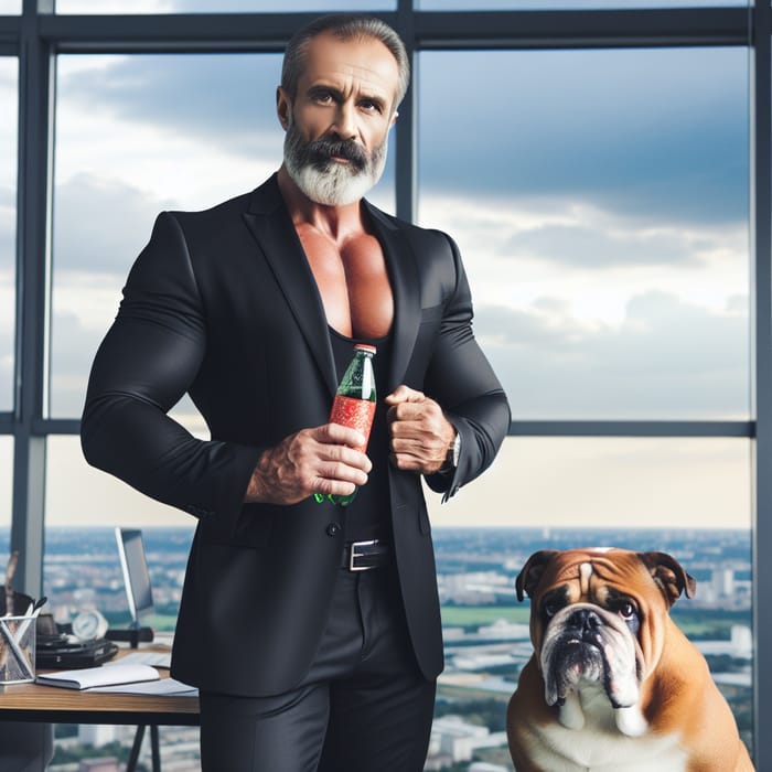 Muscular Man in Black with Coca-Cola Bottle and Bulldog