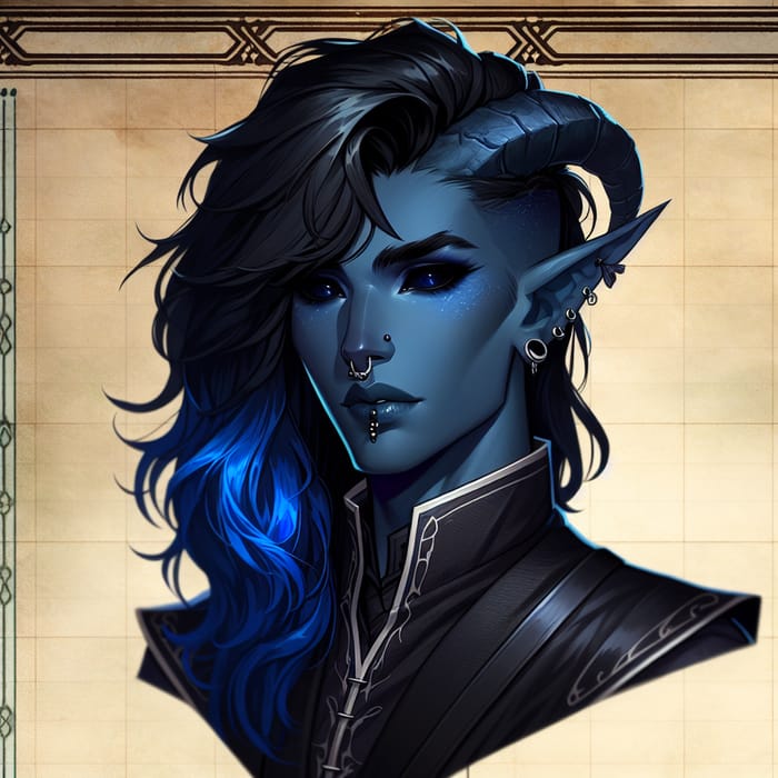 Captivating Blue-Skinned Tiefling Character in Dungeons & Dragons Manual
