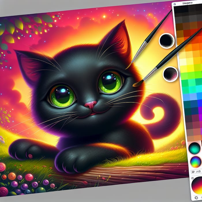 Mischievous Black Cat Illustration with Green Eyes | Playful & Vibrant Fantasy Art