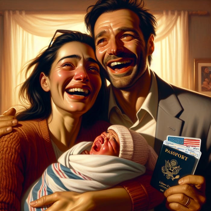 Happy Parents with Newborn Holding American Passport and Birth Certificate