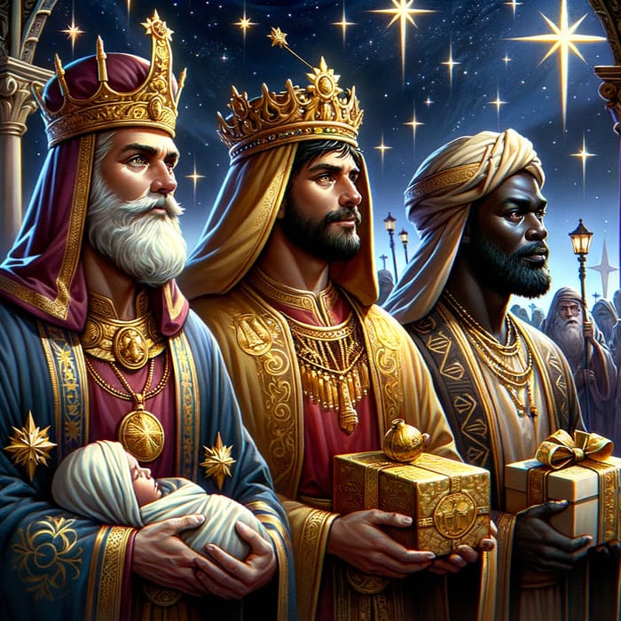 Three Kings Bearing Gold, Myrrh, and Frankincense Nativity Scene