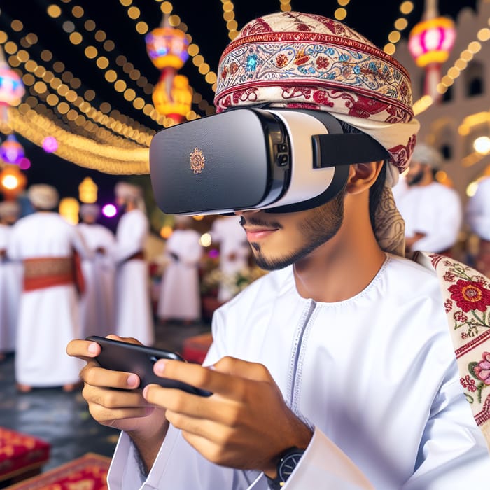 Omani Man in Traditional Attire with VR Glasses at Eid Celebration