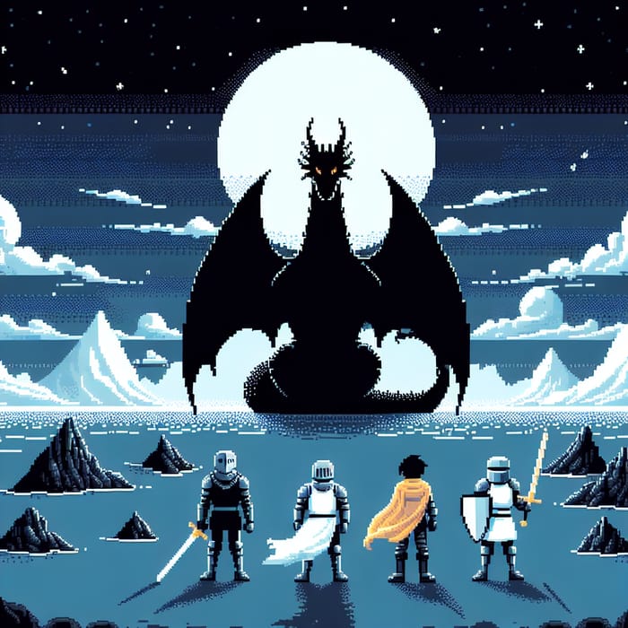 Pixel Art Scene: Knights vs Black Dragon in Dark Sky