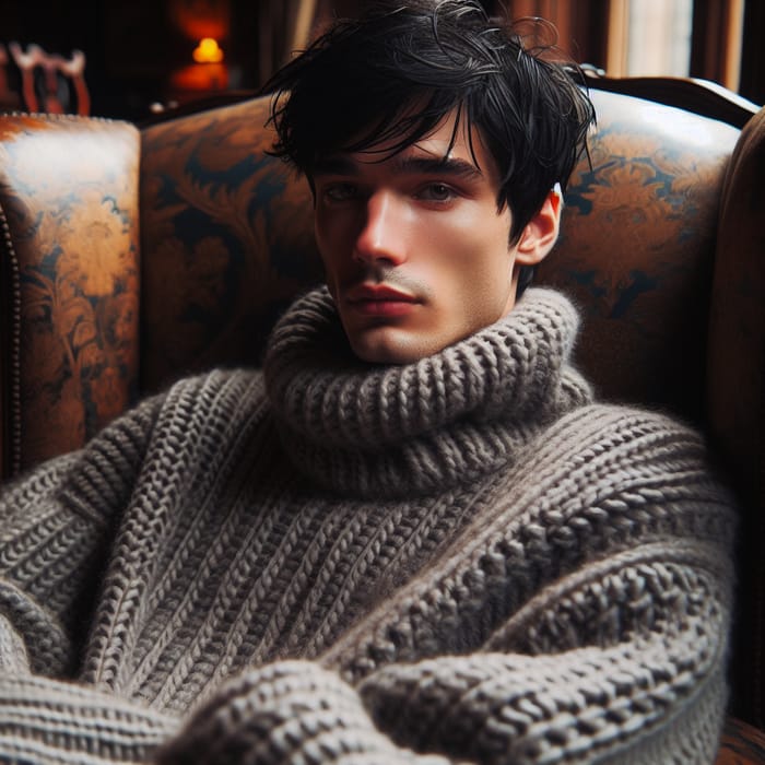 Youthful Man in Cozy Sweater on Luxurious Armchair