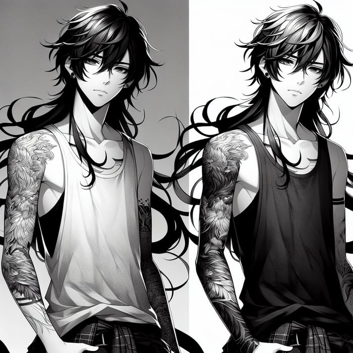Anime Boy with Dark Hair, Scars, Arm Tattoos in Monochrome Setting