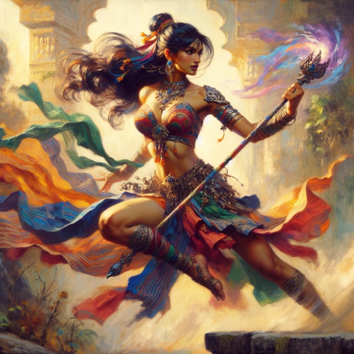 Powerful South Asian Female Warrior with Mystical Staff and Vibrant Colors