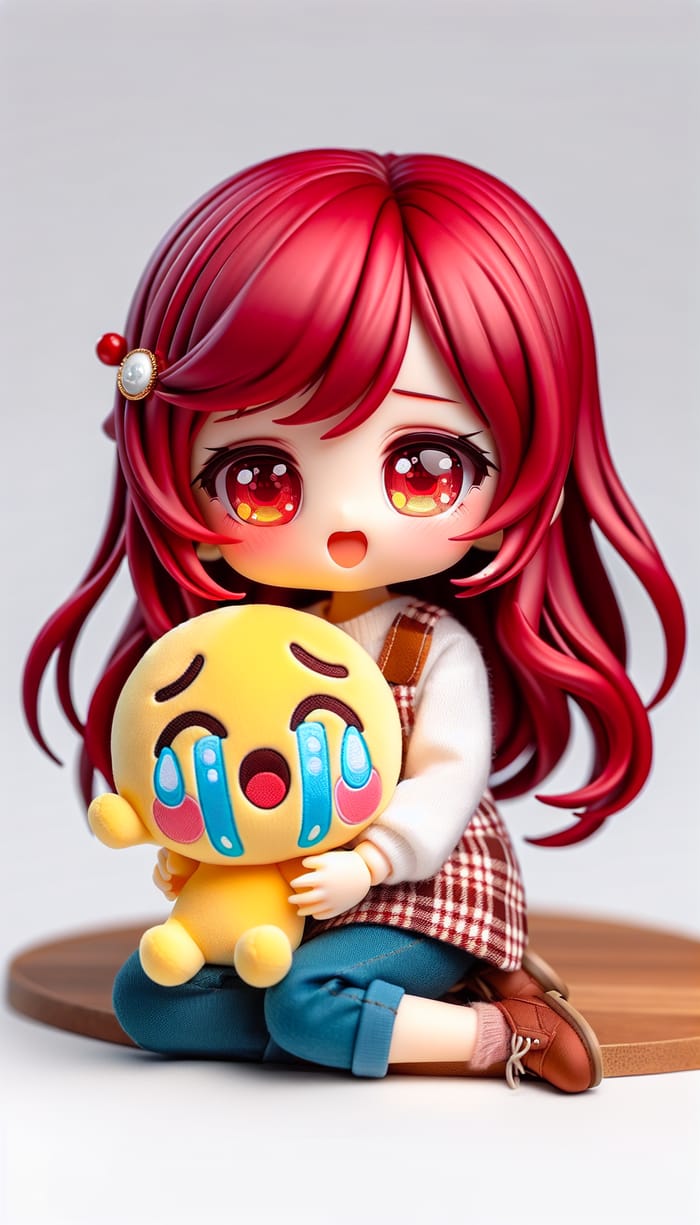 Charming Red-Haired Chibi Girl Embracing Crying Emoji Plushie
