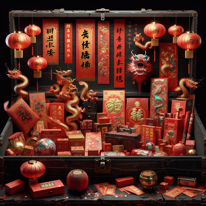 Traditional Chinese New Year Decorations in Vintage Chest