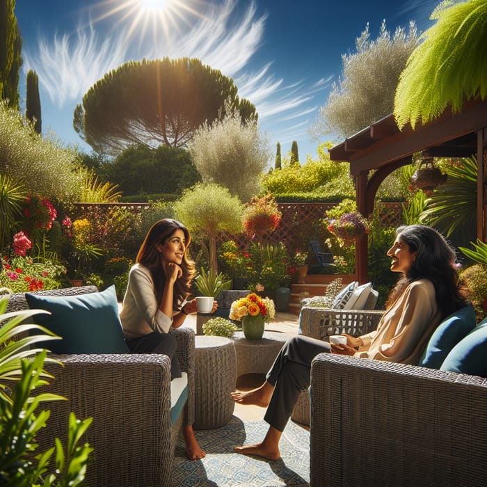 Serene Outdoor Living Space: Friendly Conversation in Vibrant Garden