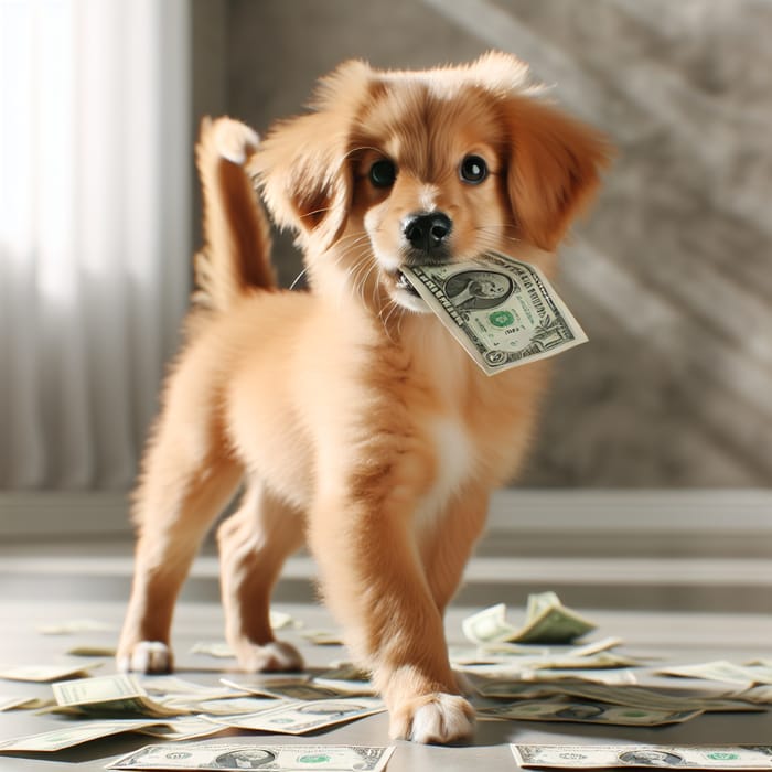 Playful Domestic Dog with Money | Indoor Scene Delight