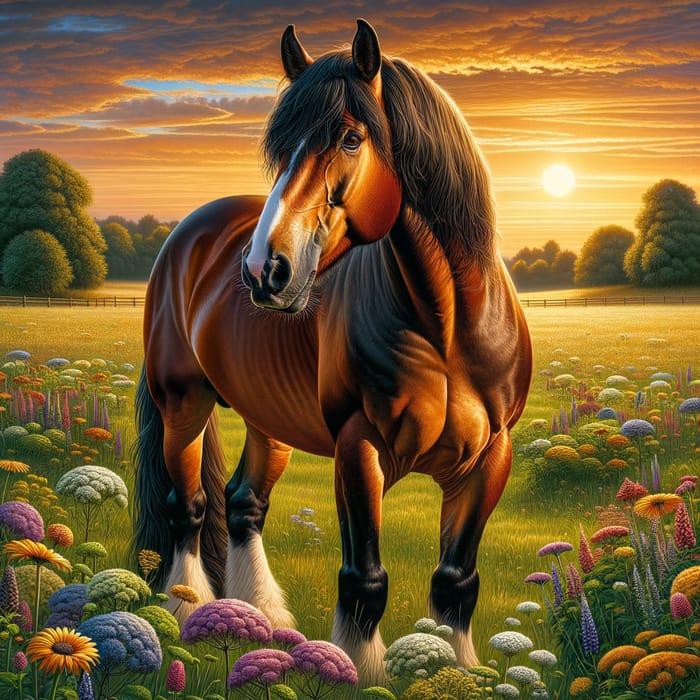 Majestic Horse in Lush Green Field | Stunning Sunset Scene