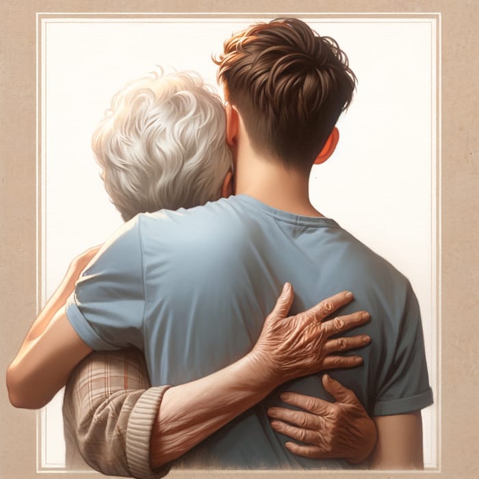 Sentimental Hug of Young Man and Grandma | Heartwarming Art
