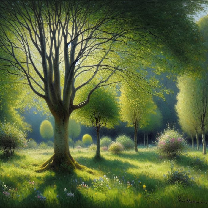 Impressionist Trees in Spring: A Lush Meadow Scene