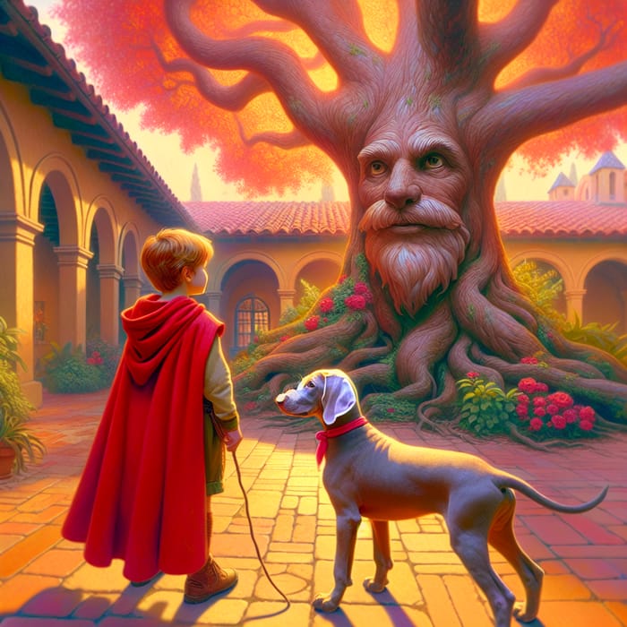 Charming Illustration: Boy, Puppy, and Wise Oak Tree
