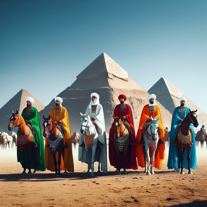 Colorful Horsemen in Front of Egypt Pyramids