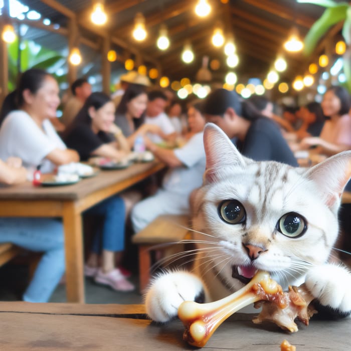 Captivating Cat with Beautiful Eyes Playfully Nibbling on Bone in Busy Restaurant