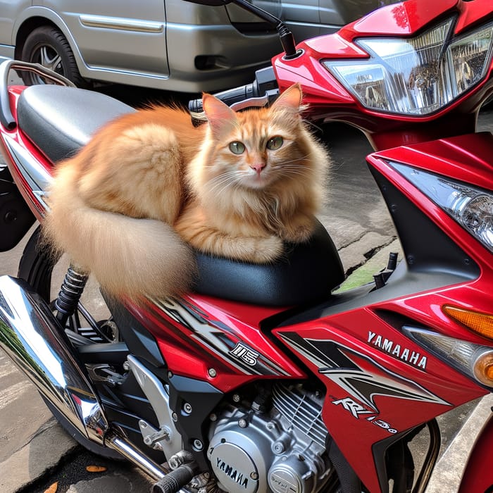 Tawny Cat Sitting on Yamaha RX 135 Motorcycle
