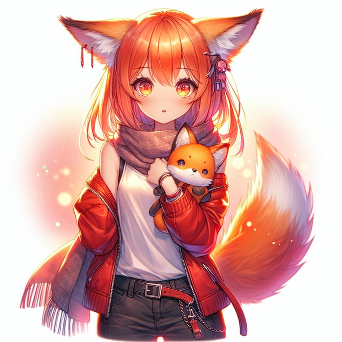 Vibrant Anime Girl with Orange Hair and Fox Ears Holding Plushie