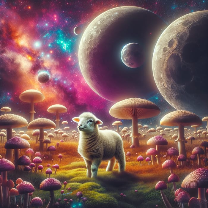 Adorable Sheep on Strange Planet with Magical Mushrooms