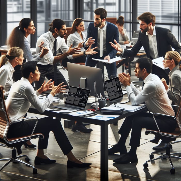 Creating an Office Battle Scene: Diverse Employees Engage in Strategic Conflict