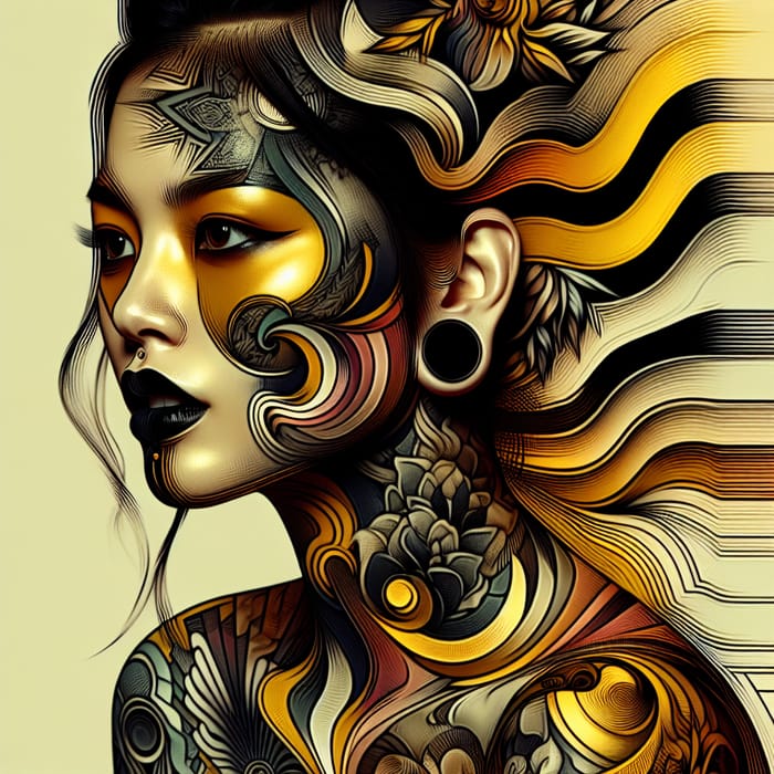 Surreal Woman Portrait with Vibrant Tattoos and Bold Colors