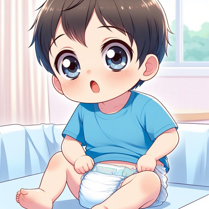 Adorable Anime Baby Diaper Change in Blue Shirt