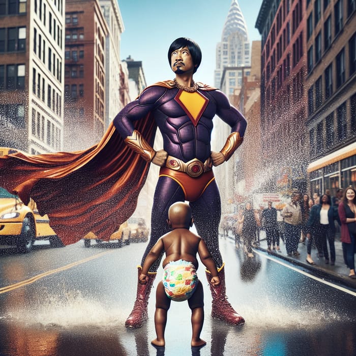 Powerful Toddler Superhero in Vibrant Costume - A Surreal Composition