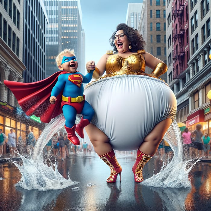 Joyful Toddler Superhero in Whimsical City Scene | Surreal Composition