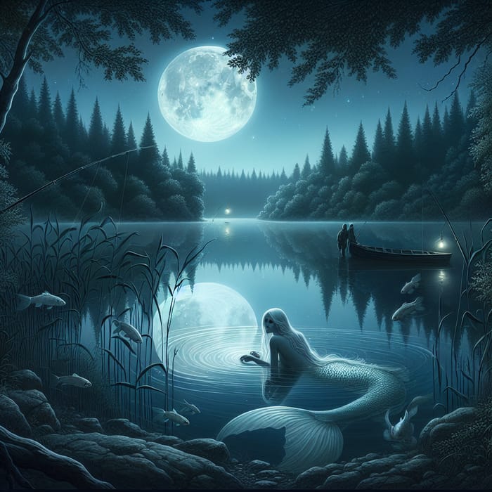 Moonlit Lake Serenity with White Mermaid