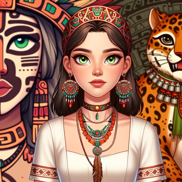 Beautiful Aztec Girl with Contemporary Clothing and Jaguar Symbol
