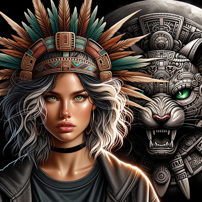 Realistic Art: Modern Aztec Girl with Jaguar and Tezcatlipoca