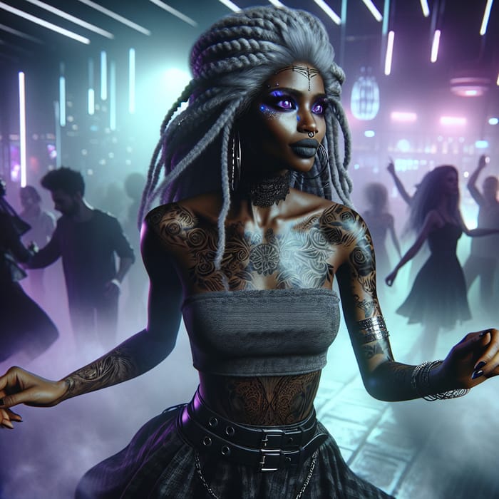 Futuristic Gothic Black Woman with Wild Style in Neon Nightclub