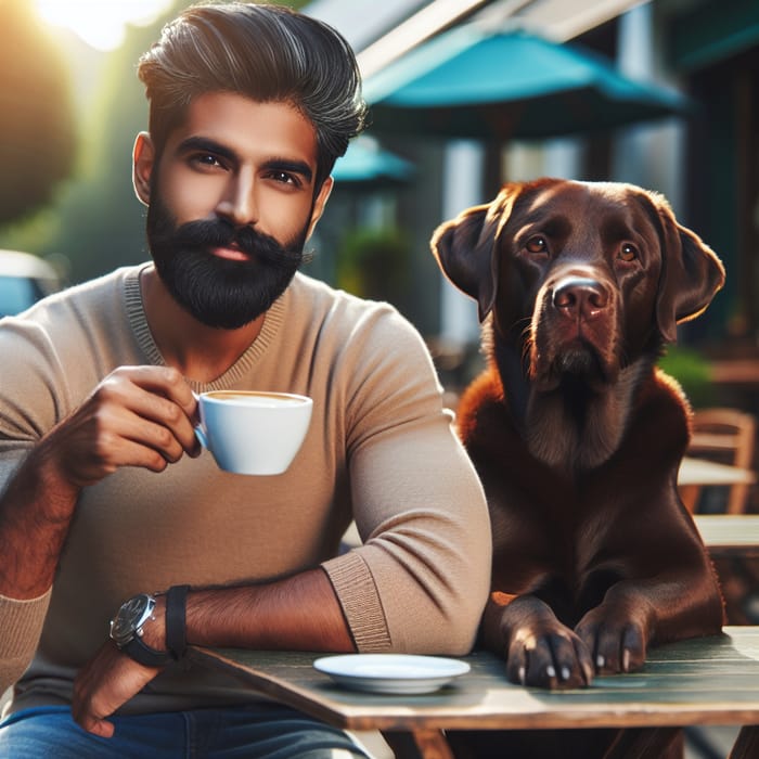 Man Enjoying Coffee at Sunny Cafe with Loyal Labrador Dog